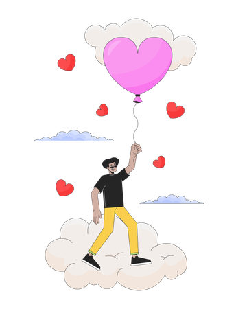 Hombre volando con globo por encima de las nubes  Ilustración