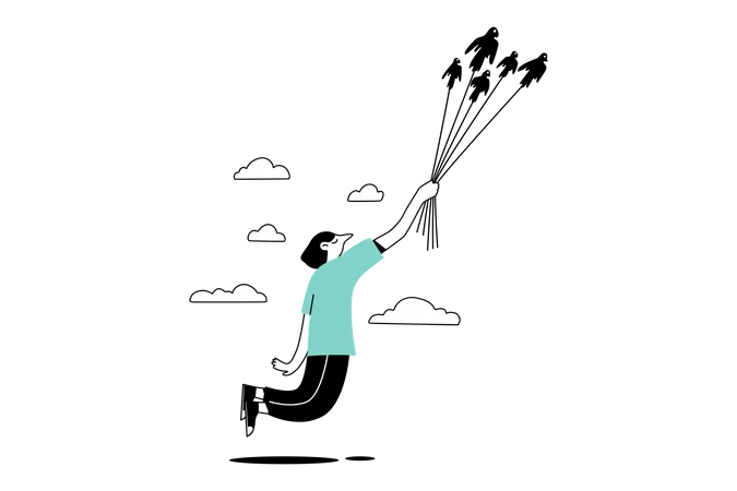 Hombre volando con pájaros  Ilustración