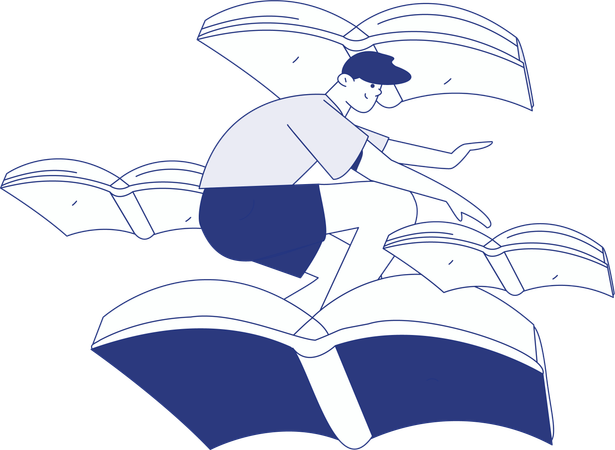 Hombre volando sobre un libro mientras consigue un trofeo  Ilustración