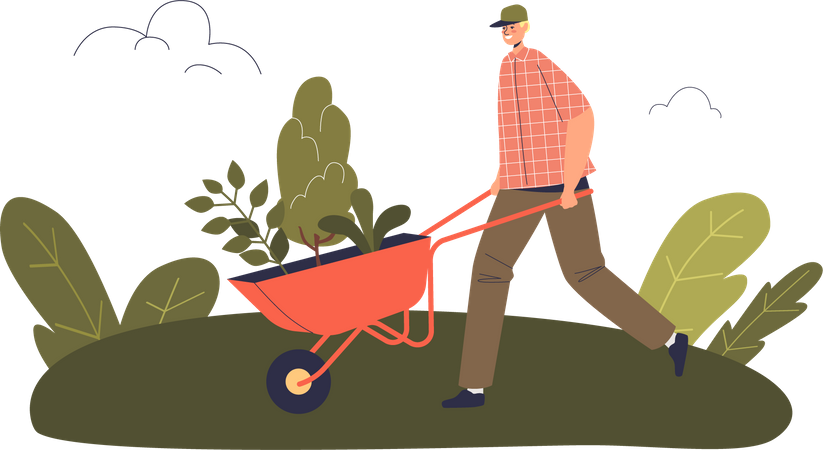 Jardinería voluntaria masculina lleva plantas y árboles para crecer en el jardín  Ilustración
