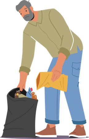 Hombre voluntario senior limpiando basura del suelo  Ilustración