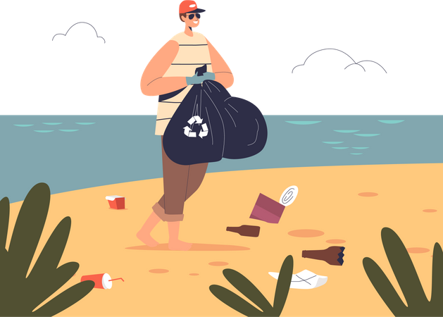 Un hombre voluntario sostiene una bolsa con basura después de limpiar la playa  Ilustración