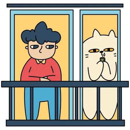 Hombre y gato de pie en el balcón  Ilustración