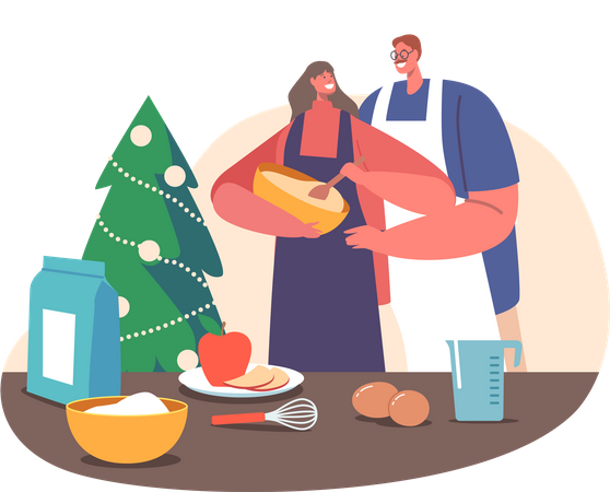 Hombre y mujer abrazando y preparando panadería en la cocina con abeto decorado  Ilustración