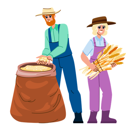 Agricultor y campesina cosechando trigo  Ilustración