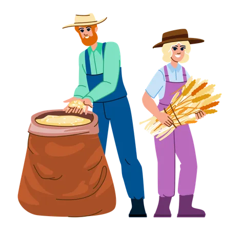 Agricultor y campesina cosechando trigo  Ilustración