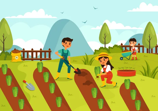 Agricultor y campesina cavando con pala  Ilustración