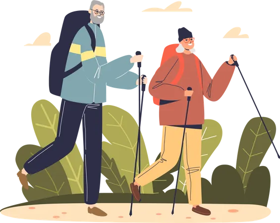 Una Pareja Mayor De Excursionistas Ancianos Y Mujeres Viajan Con Mochilas Viejos Abuelos Y Abuelas Viajeros En Caminata Ocio Activo Para Un Concepto Mas Antiguo Ilustracion De Vector Plano De Dibujos Animados Ilustración