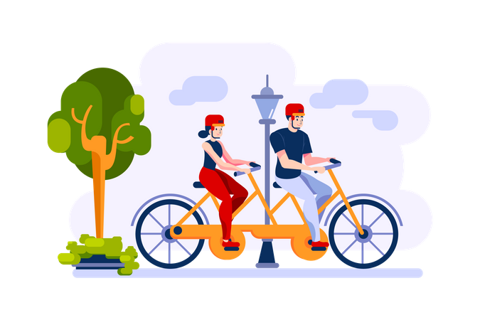 Un hombre y una mujer van en bicicleta en una bicicleta doble en el parque.  Ilustración