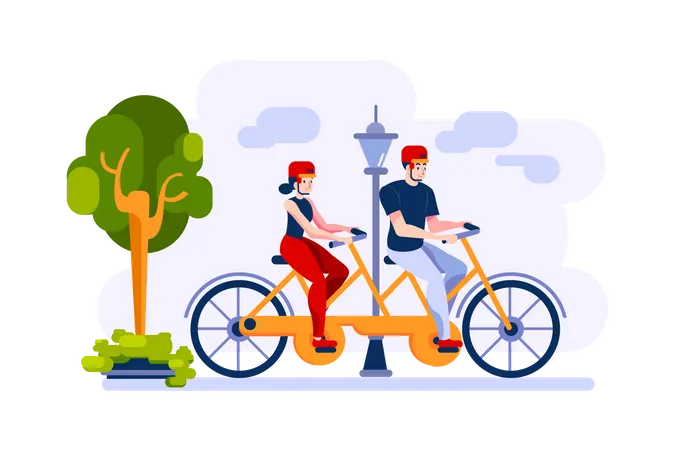 Un hombre y una mujer van en bicicleta en una bicicleta doble en el parque.  Ilustración