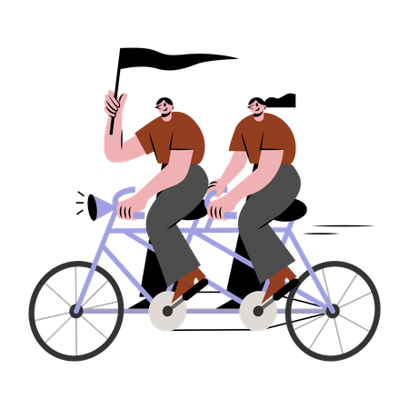 Hombre y mujer montando bicicleta tándem  Ilustración