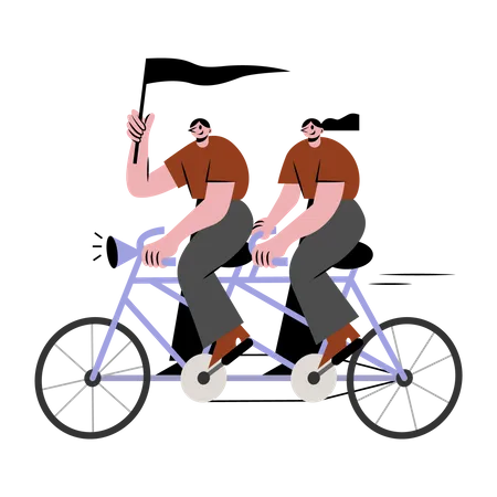 Hombre y mujer montando bicicleta tándem  Ilustración