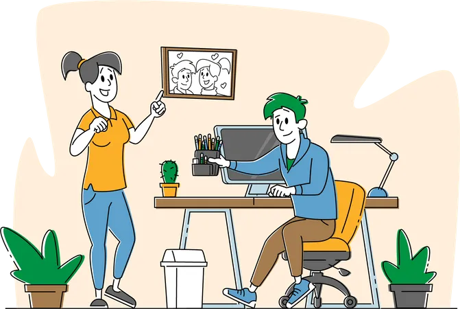 Hombre y mujer autónomos en casa trabajando a distancia en la computadora  Ilustración