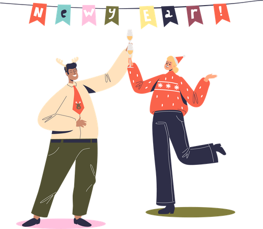 Hombre y mujer bailando en la fiesta de año nuevo.  Ilustración