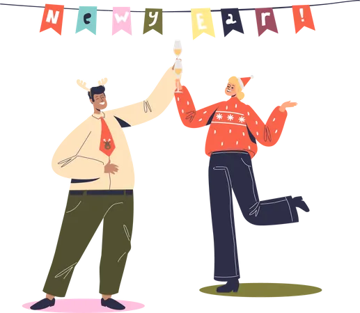 Hombre y mujer bailando en la fiesta de año nuevo.  Ilustración