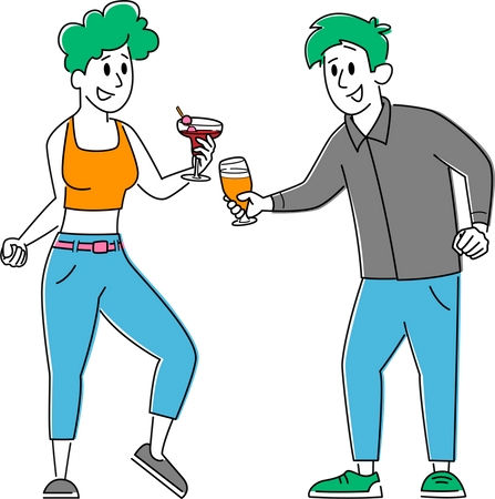 Hombre y mujer beben cócteles y vasos tintineantes  Ilustración