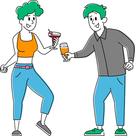 Hombre y mujer beben cócteles y vasos tintineantes  Ilustración