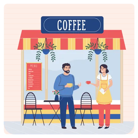 Hombre y mujer tomando café en la cafetería  Ilustración