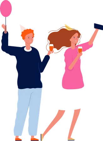 Hombre y mujer bebiendo en fiesta de cumpleaños  Ilustración