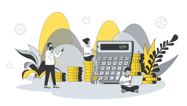 Hombre y mujer calculando y analizando datos financieros.  Ilustración