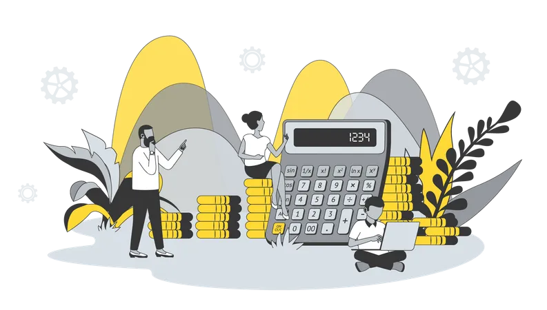 Hombre y mujer calculando y analizando datos financieros.  Ilustración