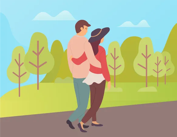 Hombre y mujer caminando en el bosque otoñal  Ilustración