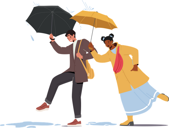 Hombre y mujer caminando en tiempo lluvioso sosteniendo paraguas  Ilustración