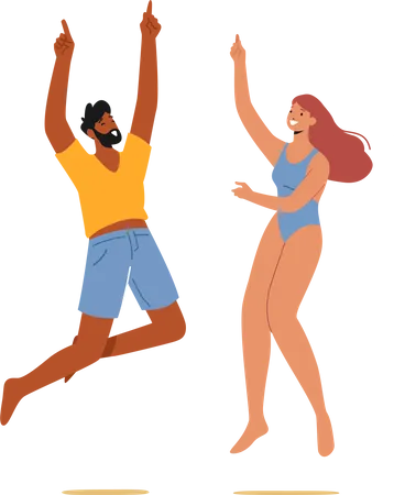 Hombre y Mujer celebrando fiesta en la playa  Ilustración