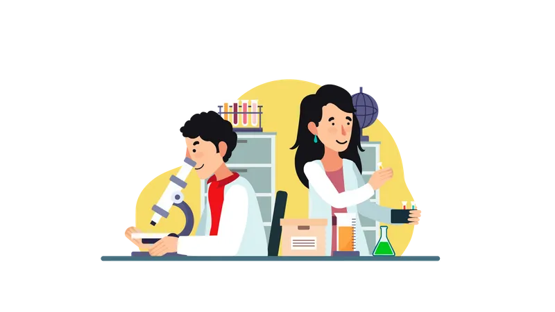 Hombre y mujer científica haciendo experimento en laboratorio  Ilustración