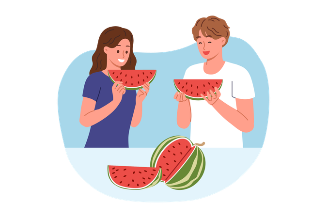 Un hombre y una mujer comen sandía y disfrutan del sabor de esta jugosa fruta que alivia la sed en climas cálidos.  Ilustración