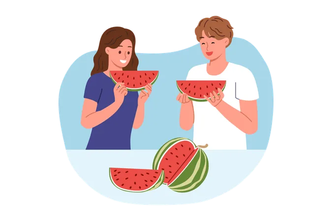 Un hombre y una mujer comen sandía y disfrutan del sabor de esta jugosa fruta que alivia la sed en climas cálidos.  Ilustración