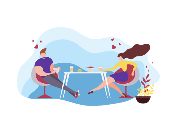 Hombre y mujer comiendo bocadillos y tomando café en la cafetería  Ilustración