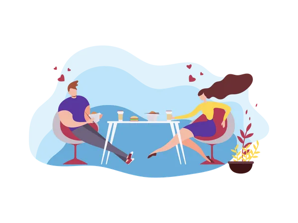 Hombre y mujer comiendo bocadillos y tomando café en la cafetería  Ilustración