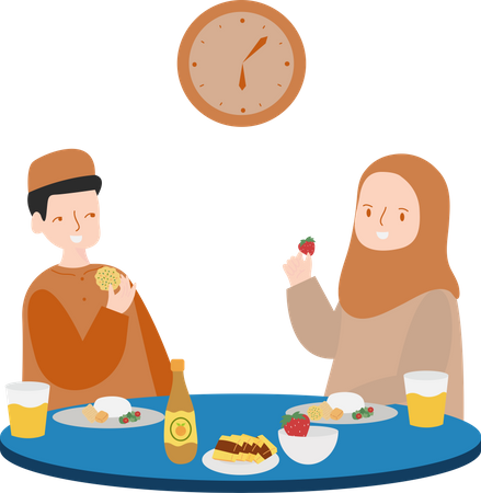 Hombre y mujer comiendo en tiempo de Iftar  Ilustración
