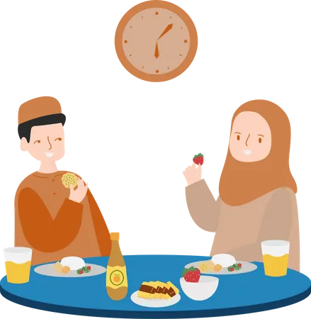 Hombre y mujer comiendo en tiempo de Iftar  Ilustración