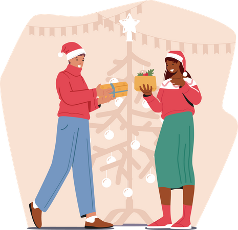 Hombre y mujer compartiendo regalos en Navidad.  Ilustración