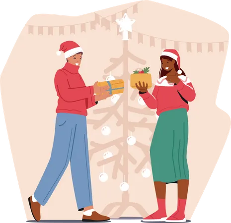 Hombre y mujer compartiendo regalos en Navidad.  Ilustración