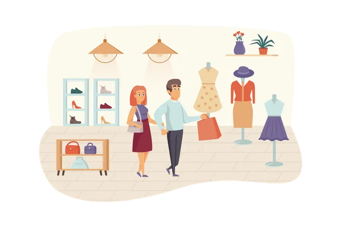 Hombre y mujer comprando ropa, zapatos y bolsos elegantes.  Ilustración