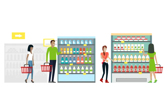 Hombre y mujer con cestas en las manos eligen productos de los estantes de las tiendas  Ilustración