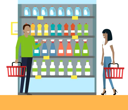 Hombre y mujer con cestas en la mano eligen productos de los estantes de las tiendas  Ilustración