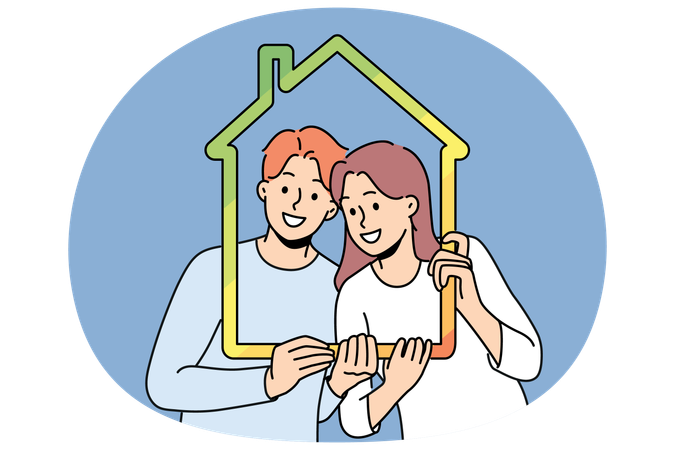 Hombre y mujer con contorno de casa que simboliza la propiedad familiar y la vivienda energéticamente eficiente  Ilustración