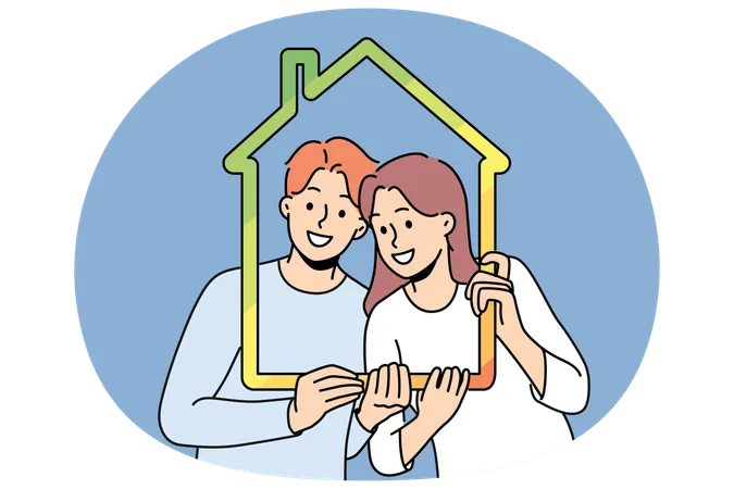 Hombre y mujer con contorno de casa que simboliza la propiedad familiar y la vivienda energéticamente eficiente  Ilustración