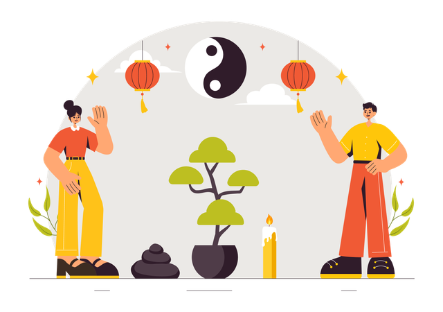 Hombre y mujer con elementos del Feng Shui  Ilustración