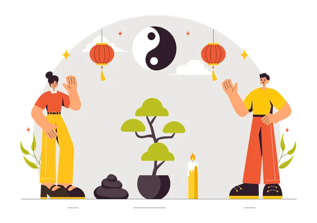 Hombre y mujer con elementos del Feng Shui  Ilustración