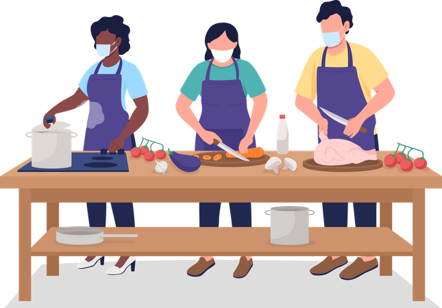 Hombre y mujer con mascarilla durante la clase de cocina  Ilustración