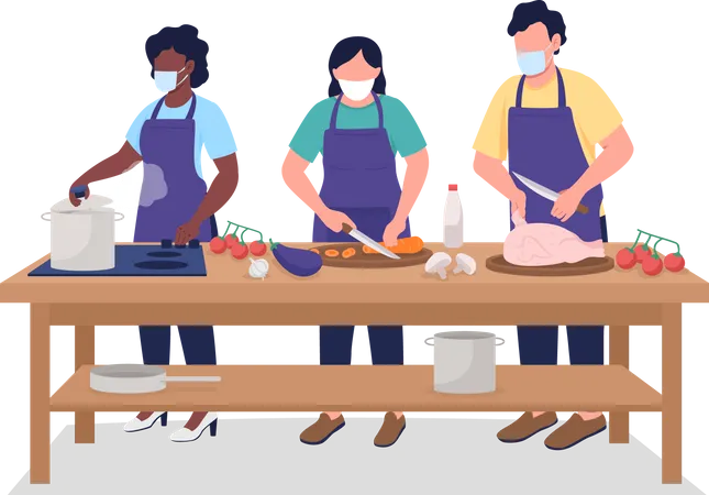 Hombre y mujer con mascarilla durante la clase de cocina  Ilustración