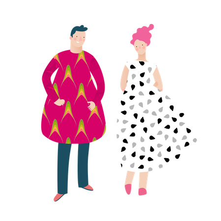 Hombre y mujer, llevando, vestido de fruta  Ilustración