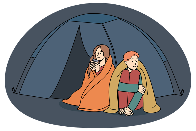 Un hombre y una mujer confundidos duermen en una tienda de campaña al aire libre en una residencia para caridad. Ilustración