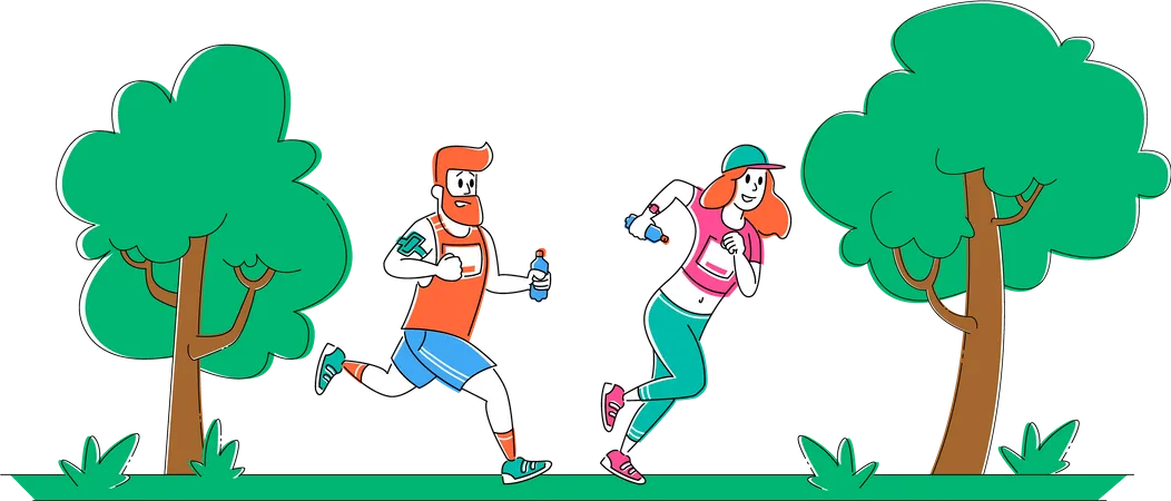 Hombre y mujer corriendo en maratón  Ilustración