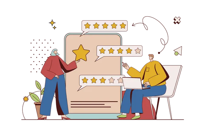 Hombre y mujer dando estrellas de alta calificación y escribiendo reseñas con su experiencia positiva  Ilustración